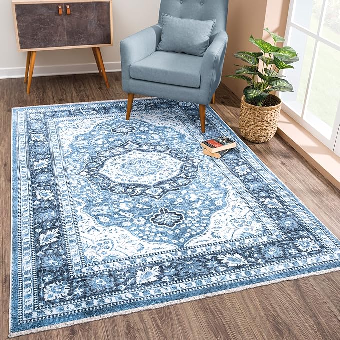 Bloom Rugs Washable Non-Slip 10x14 Rug - Blue Traditional Oriental Area Rug for Living Room, Bedroom, Dining Room, and Kitchen - Exact Size: 10' x 14'