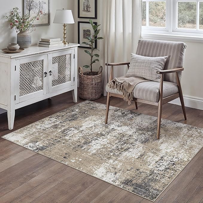 Washable Brown Area Rug 3x5 Modern Abstract Office Carpet Neutral Soft Entryway Door Mat Low Pile Non Slip Indoor Throw Rug for Kitchen Bathroom Bedroom Laundry Living Dining Room