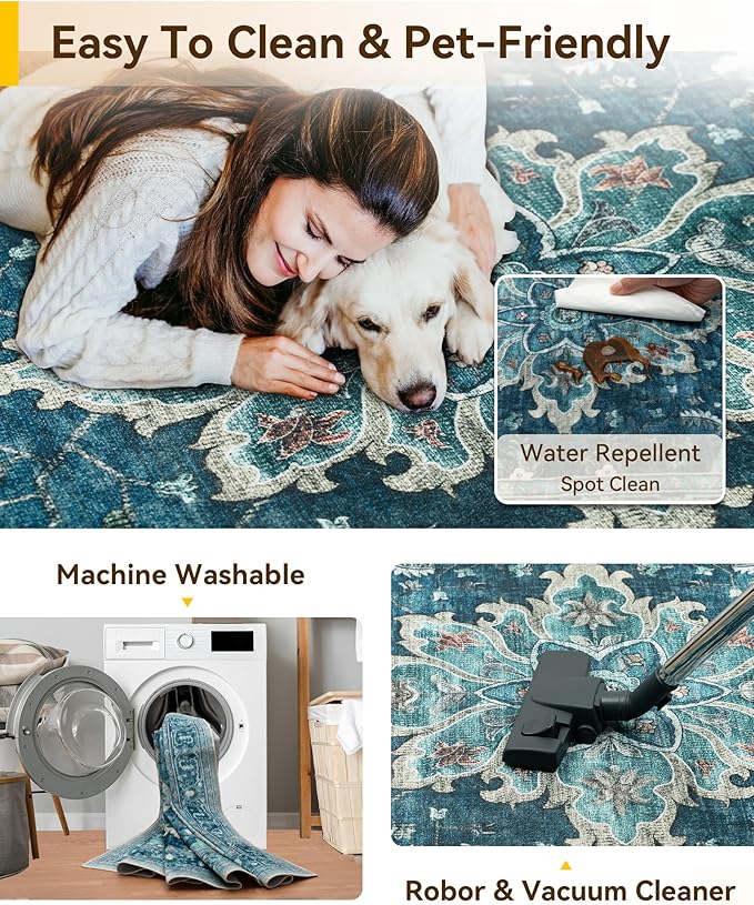 Area Rugs 4'x6' Washable Non-Slip, Floral Vintage Distress Print Pattern Medallion Carpet for Living Room Bedroom Dining Room, Teal Green Lake Blue Turquoise