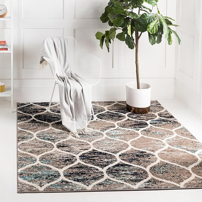 Rugs.com Lattice Frieze Collection Rug – 8' Square Blue Multi Medium Rug Perfect for Living Rooms, Kitchens, Entryways