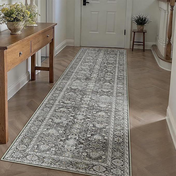 Black Runner Rug 2x10 Vintage Area Carpet Hallway Long Indoor Kitchen Washable Living Room Low Pile Traditional Distressed Retro Accent Throw Rug Non Slip Laundry Bathroom Office Dining Room