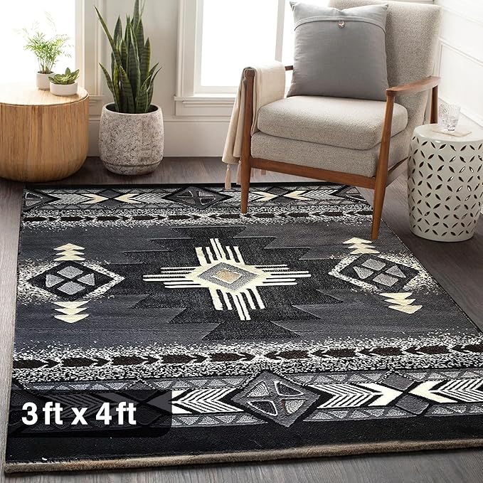 YHSF South West Native American Area Rug C318 - Easy Clean, Thick, Soft, Durable Native Tribal American Indian Inspired Rug for Bedroom/Living Room and More - Grey, 3 Feet x 4 Feet 7 Inches