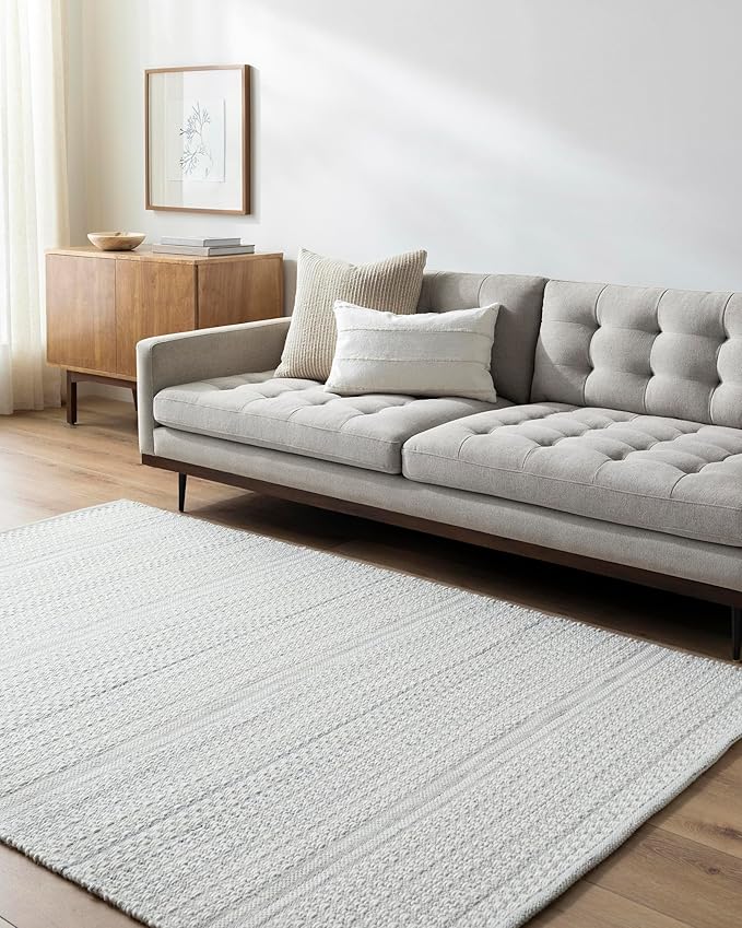 Mark&Day Wool Rugs, 6x9 Precious Solid and Border Cream/Charcoal Area Rug, Cream Grey Carpet for Living Room, Bedroom or Kitchen (6' x 9')