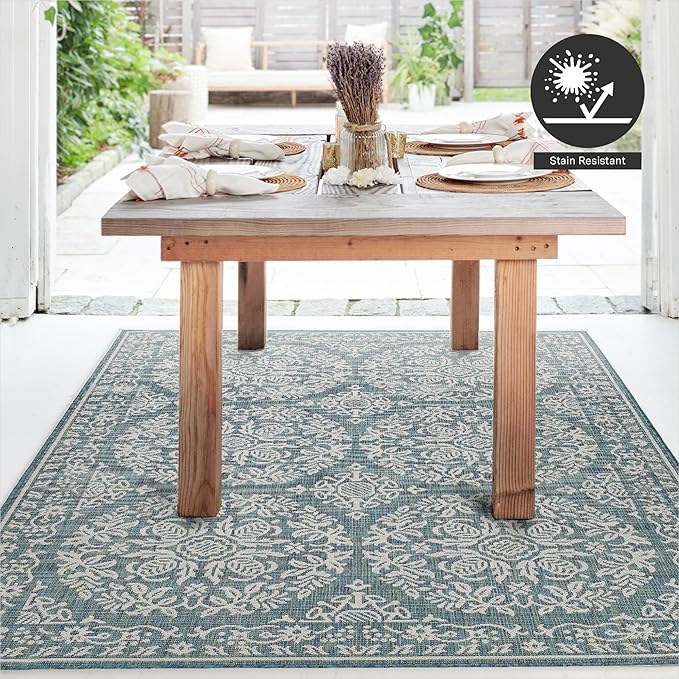 FH Home Flat Woven Outdoor Rug - Waterproof, Easy to Clean, Stain Resistant - Premium Polypropylene Yarn - Farmhouse - Patio, Porch, Deck, Balcony - Marbella - Ocean - 5ft 4in x 7ft 6in