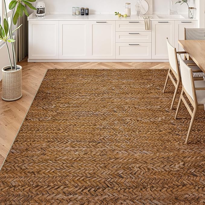 Eleisa Modern Vintage 5x7 Herringbone Chevron Area Rug for Living Room, Brown, Non-Slip Stain Resistant Washable Rug, Farmhouse Home Decor Carpet for Bedroom, Kitchen, Dining Room