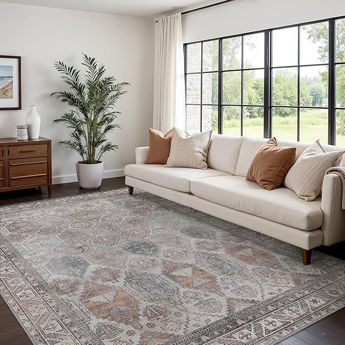 Bavni Washable Rug 5x7 Area Rug for Living Room Bedroom Dining, Washable Vintage Print Carpet, Ultra-Thin Chenille Low Pile Lightweight Rug with Non Slip Backing, Retro Grey