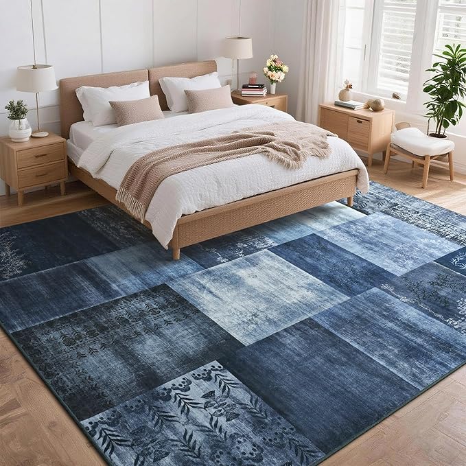 Tepook Modern Area Rug for Living Room, 4x6 Geometric Large Rugs for Bedroom, Washable Patchwork Rug Indoor Non-Slip Throw Carpets for Dining Room Office Farmhouse Home Decor, Blue