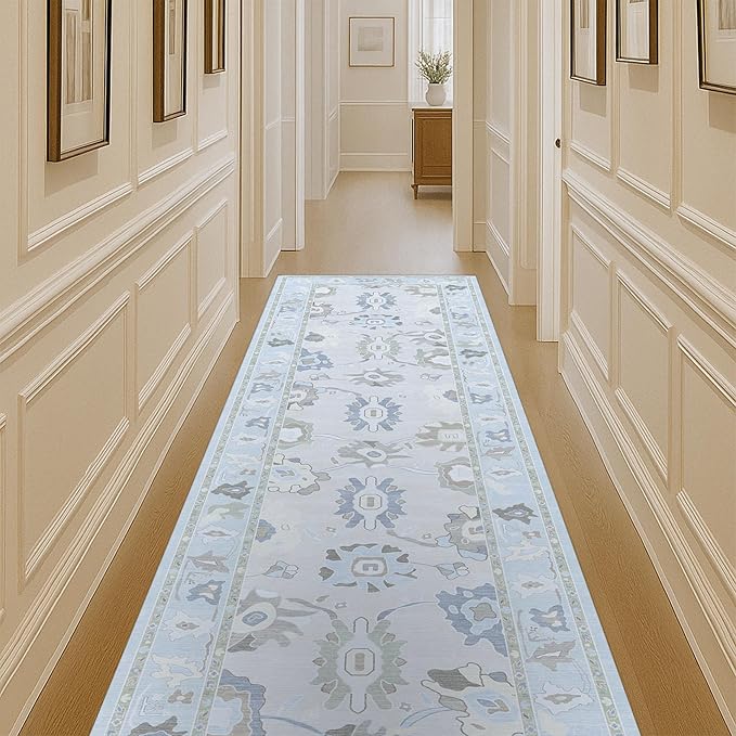 Fame Living Cream Blue Oushak Runner Rug, Modern Runners, Vintage, Turkish, Eclectic, Floral, Pastel, Washable, Runner for Hallway, Kitchen, Bedroom, Bathroom, 2'5"x9'8"