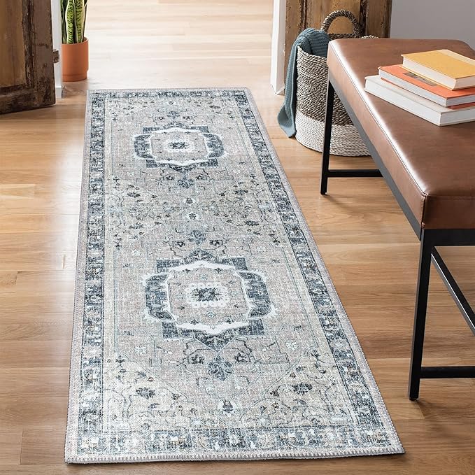 Bloom Rugs Washable Non-Slip 12 ft Runner - Pebble Gray/Blue Traditional Medallion Runner for Entryway, Hallway, Bathroom, and Kitchen - Exact Size: 2.5' x 12'