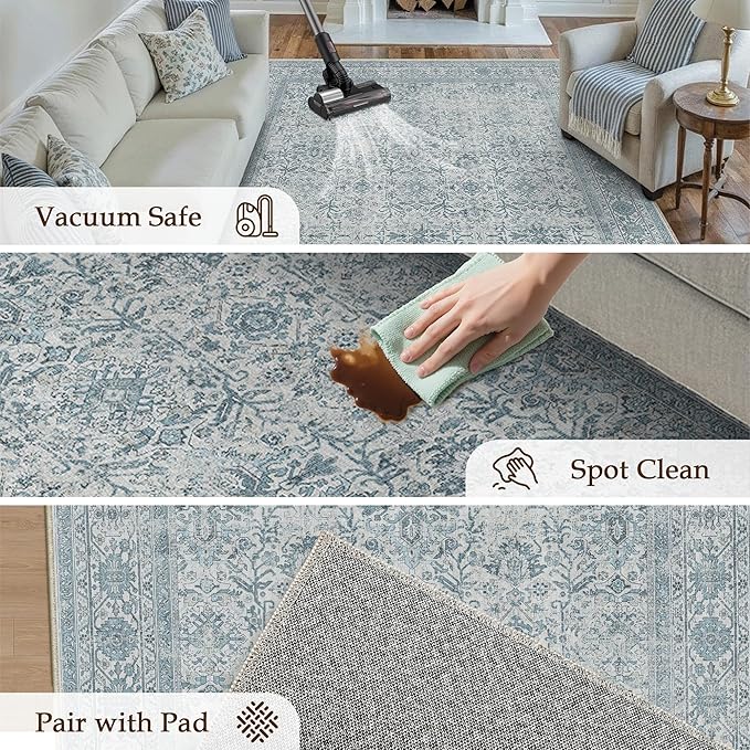 Area Rug 6x9 Blue Washable Living Room Carpet Soft Non Slip Vintage Bedroom Indoor Office Traditional Retro Distressed Large Thicker Throw Rug for Dining Room Kitchen Playroom