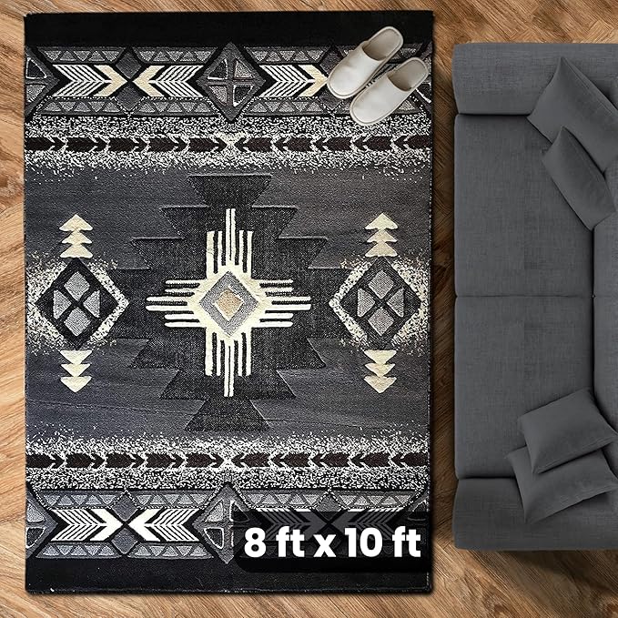 YHSF South West Native American Area Rug C318 - Easy Clean, Thick, Soft, Durable Native Tribal American Indian Inspired Rug for Bedroom/Living Room and More - Grey, 8 Feet x 10 Feet