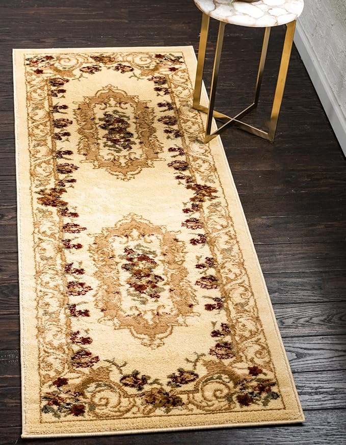 Rugs.com Chateau Collection Rug – 2' x 7' Runner Cream Medium Rug Perfect for Hallways, Entryways