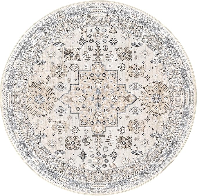 zesthome Washable Round Area Rugs - Non-Slip 6ft Round Rugs, Ultra-Thin Large Circle Rugs for Living Room, Soft Low Pile Rug for Bedroom, Kitchen, Nursery - Vintage Stain Resistant Round Rug