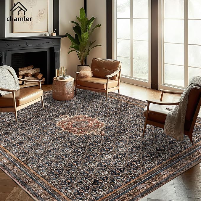 Area Rug 8x10 Washable Vintage Rug Traditional Mat Distressed Indoor Foldable Thin Retro Accent Floral Large Rugs Non Slip Carpet for Living Room Dining Room Office