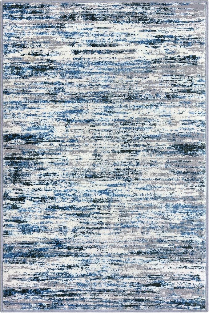 Modern Abstract 9x12 Large Machine Washable Living Room Rug Non-Slip Soft Bedroom Area Rug Grey Blue White Thin Print Faux Wool Carpet Throw Rugs for Nursery Playroom Dining Room Indoor