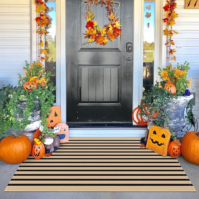 KOZYFLY 3'x5' Cotton Area Rug, Brown and Black Striped Outdoor Rug, Hand-Woven, Machine Washable, Perfect for Front Door, Kitchen, Living Room