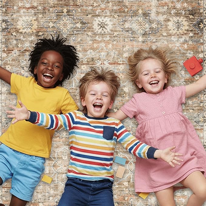 ReaLife Rugs Machine Washable Area Rug - Living Room Bedroom Bathroom Kitchen Entryway Office - Padded Low Pile Stain Resistant Premium - Boho Farmhouse Vintage - BEV - Beige Tan Brown 5' x 7'