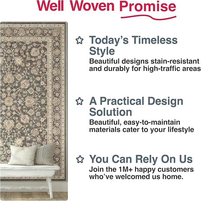 Well Woven Asha Rome Charcoal Brown 6' x 9' Area Rug - Oriental Floral Pattern, Easy Clean, Floor-Friendly Backing - for Living Room, Bedroom, and Dining Room