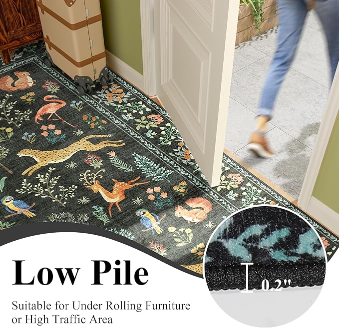 DUKINO 2x5 Rug for Hallway, Washable Kitchen Runner Rug with Non Slip Backing, Soft Low Pile Vintage Animal Runner for Bedroom, Kitchen, Hallway, Entryway, Laundry, Black