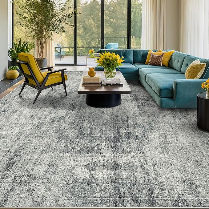 Farmhouse Gray and Blue Rugs for Living Room 8x10 - Modern Cool Unique Area Rug for Dining Room, Large Bedroom, Washable Foldable Dark Academy Décor