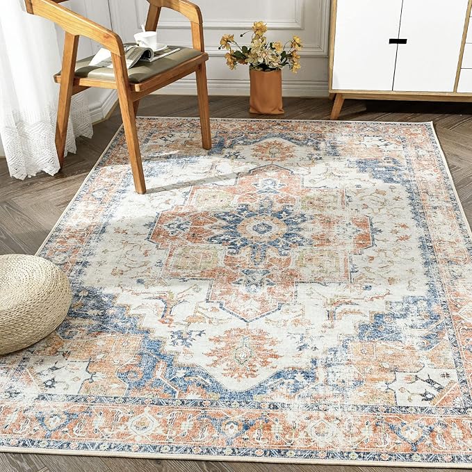 jinchan Area Rug 6x9 Washable Living Room Rug Vintage Indoor Large Floor Cover Distressed Lightweight Non-Slip Low Pile Thin Mat Accent Stain Resistant Carpet for Bedroom Dining Room Office Orange
