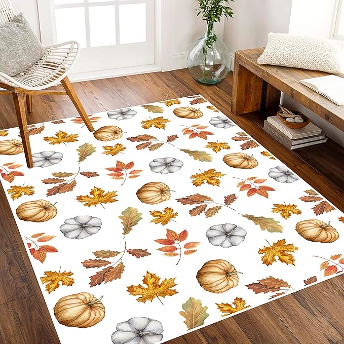 Pumpkin Area Rug, 6x8ft, Fun Vibrant Autumn Harvest Fallen Leaves Pumpkin Plant White Fall Porch Rug, Sturdy Non Slip Easy-Washing Fall Decorations for Home Bedroom