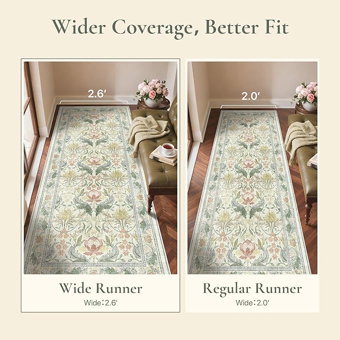 Bavni 2'6''x6 Runner Rug,Microfiber Washable Non-Slip Vintage Floral Rugs,Low Pile Lightweight Carpet for Bedroom,Hallway,Entryway,Kitchen,Bathroom, Beige&Green