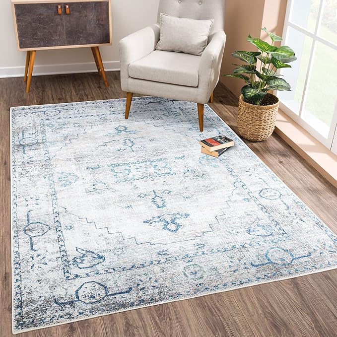Bloom Rugs Washable Non-Slip 8' x 10' Rug - Teal/Beige Traditional Area Rug for Living Room, Bedroom, Dining Room, and Kitchen - Exact Size: 8' x 10'