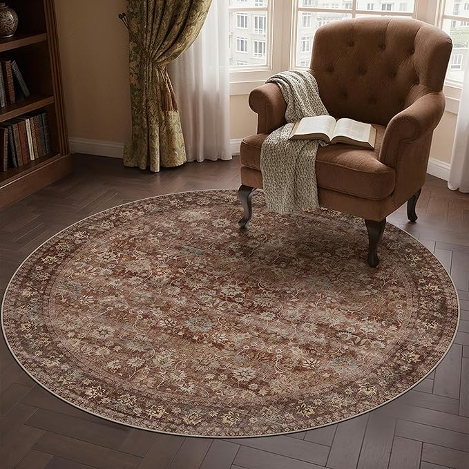 HUGEAR Round Rug 4ft Entryway Rugs Machine Washable Brick Red Hallway Area Rug 4x4 Small Circle Accent Rug Floral Low Pile Carpet Soft Throw Rug Living Room Office Laundry Room Entrance Non Slip