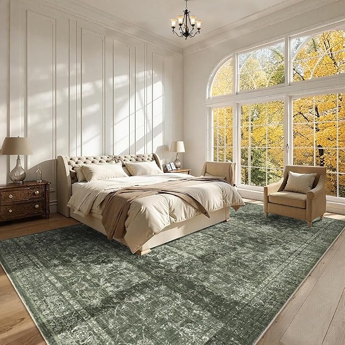 10x14 Washable Area Rugs for Living Room, Green Vintage Boho Large Rug for Bedroom Dining Room Office, Distressed Floral Floor Carpet Soft Non Slip Low Pile Farmhouse Indoor Mat