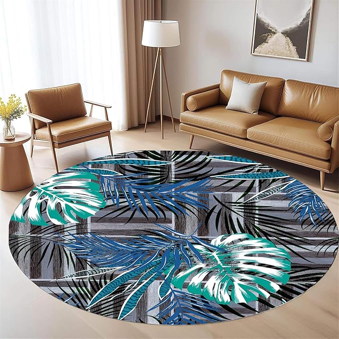 Round Area Rug 5ft - Abstract Palm Leaf Pattern, Non-Slip Machine Washable Low Pile Carpet for Bathroom, Living Room, Bedroom, Entryway, Durable Indoor Floor Mat