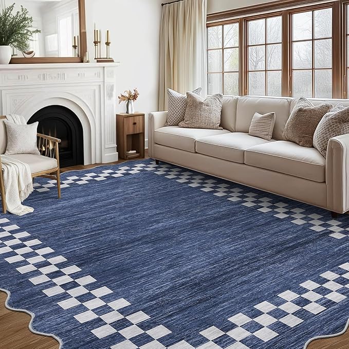 GarveeHome Scalloped Washable Rug 9x12 Area Rug for Living Room Modern Border Large Bedroom Throw Carpet with Rubber Backing Stain Resistant Boho Rug for Dining Room Home Decor Office, Blue