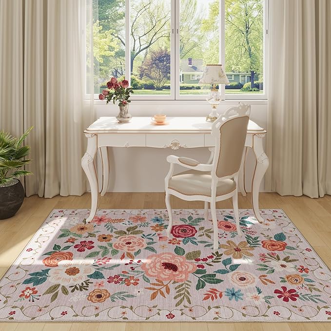 DUKINO 3x5 Area Rug, Floral Rugs for Entryway, Lightweight Non Slip Washable Rug, Indoor Low Pile & Non-Shedding Boho Design Rugs for Bedroom, Living Room, Dining Room, Kitchen, Beige