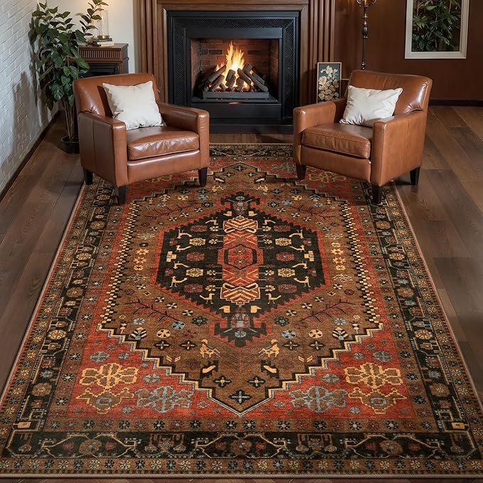Ciicool 3x5 Area Rug, Washable Red Boho Rugs for Bedroom Non-Slip Indoor Rugs Large Low-Pile Mat Floor Carpet Vintage Rug for Kitchen Living Room Office Dinning Foyer Decor
