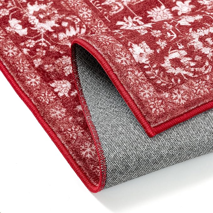 Christmas Area Rug 2x3 Red Washable Entryway Non Slip Small Carpet Holiday Door Mat Vintage Distressed Floral Accent Rug Low Pile Soft Thin Xmas Doormat for Bathroom Laundry Kitchen