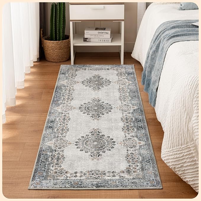 Istana Hallway Runner Rug 2x6 - Blue Kitchen Rugs Non Slip Washable -Silk's Soft Touch Carpet Runner - Stylish Rug for Home