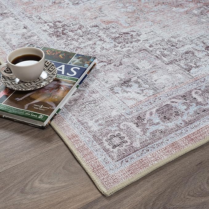 Fame Rugs Turkish Rug. Washable Vintage Oriental Antique Inspired Traditional Doormat Small Modern Area Rugs Luxury Entryway Entry Bedroom Bathroom Kitchen (392TW, 2'5 x 13'1)