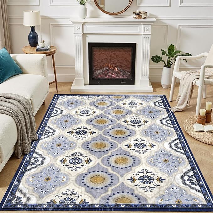 EnHomee Area Rugs 3x5, Soft Washable Rugs for Living Room Bedroom, Boho Non Slip Low Pile Stain Resistant Washable Rug Large Carpet for Dining Room,Easy to Clean Living Room Rug, Blue