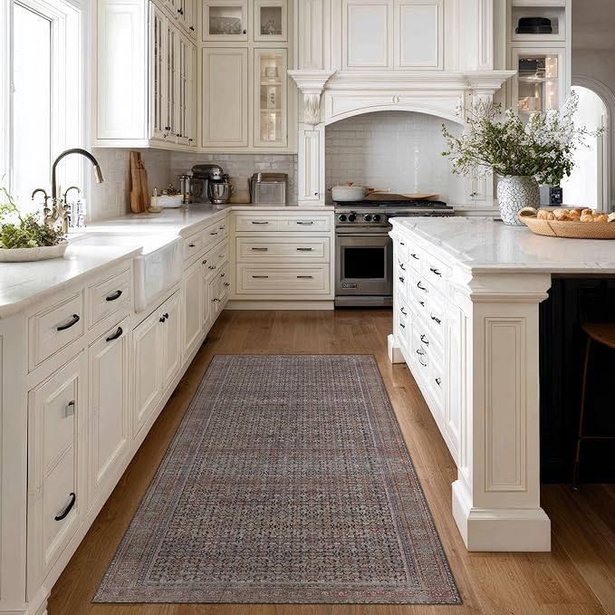 Kuden 2'6"x10 Runner Rug, Machine Washable Area Rug with Non-Slip Backing, Vintage Style, Soft, Easy Clean, Low Pile Rug for Hallway, Entryway, Kitchen, Bedroom