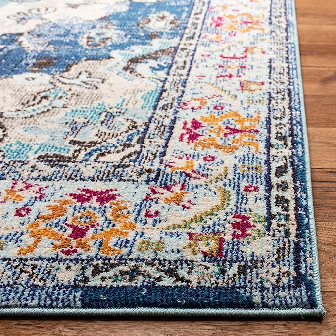 SAFAVIEH Monaco Collection Area Rug - 11' Square, Navy & Light Blue, Boho Chic Medallion Distressed Design, Non-Shedding & Easy Care, Ideal for High Traffic Areas in Living Room, Bedroom (MNC243N)