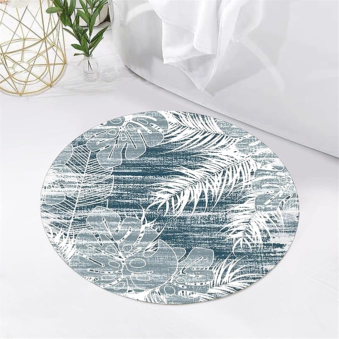 Washable Round Rug 3.3ft - Blue Tropical Botanical Pattern, Non-Slip Low Pile No Shedding Carpet, Soft Flannel Feel Rug for Living Room, Bedroom, Bathroom，Indoor Use