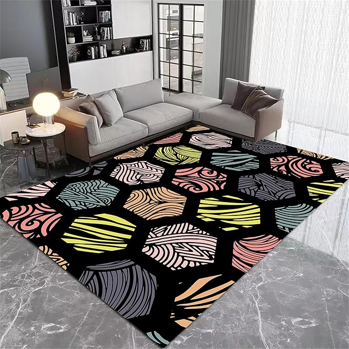 Large Living Room Area Rug 5x8ft,Modern Geometric Rugs, Multicolor Low Pile Farmhouse Carpet, Machine Washable & Non-Slip Non-Shedding for Classroom, Bedroom & Dorm