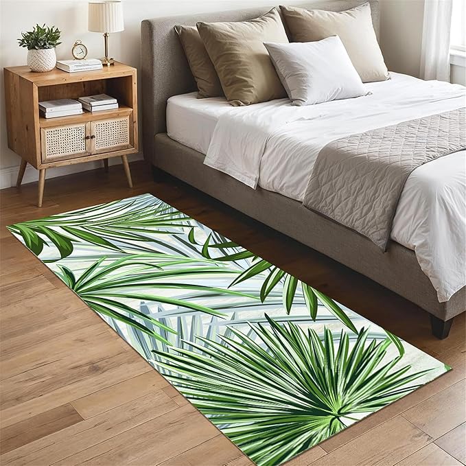 Hall Runner Rug 2.6x7 ft Non-Slip - Tropical Palm Leaves Design in Emerald Green - Easy Clean Washable Carpet for Hallway, Entryway, Bedroom - Durable Floor Decor