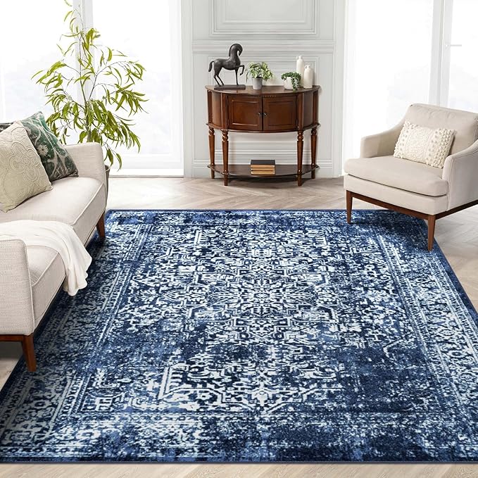 vivorug 5x7 Area Rugs, Stain Resistant Washable Rug for Living Room, Vintage-Inspired (Navy Blue, 5'x7')