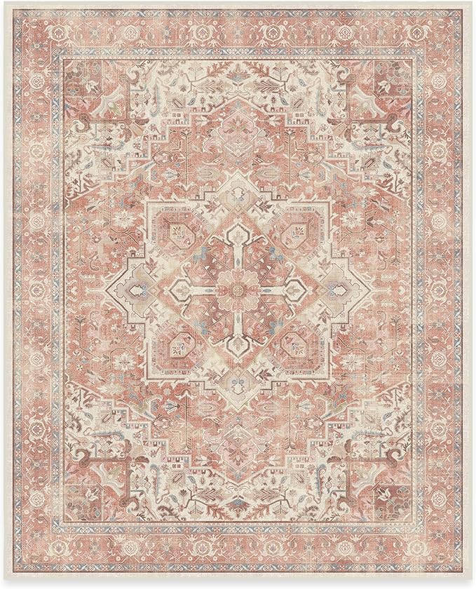 RUGGABLE Washable Area Rug – Kamran Rose Pink 8x10, Stain-Resistant, Non-Slip – Large Machine Washable Rugs for Living Room, Bedroom, Hallway, Entryway & Office–with Standard Pad