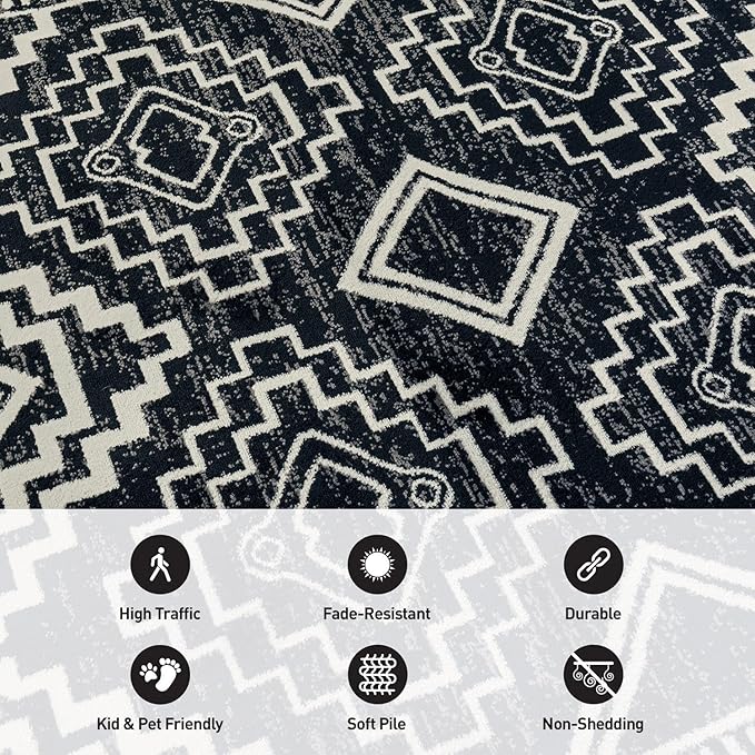 Rugshop Southwestern Black and White Tribal Area Rug – Geometric Diamond Pattern Carpet for Living Room, Bedroom, or Entryway – Boho Rustic Soft Floor Decor 2' 3" x 8' Runner Black
