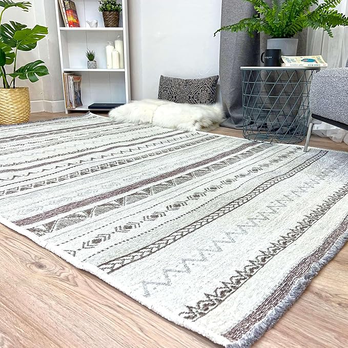 Alfa Rich 4x6 Gray Off White Washable Area Rugs for Living Room Bedroom Kitchen Decor Cotton Rug