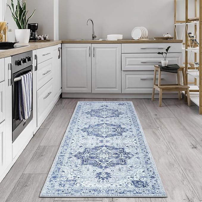 Bloom Rugs Washable Non-Slip 7 ft Runner - Gray/Blue Traditional Medallion Runner for Entryway, Hallway, Bathroom, and Kitchen - Exact Size: 2.5' x 7'
