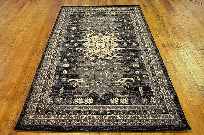Unique Loom Taftan Collection Border Geometric Tribal Inspired Design Area Rug (5' 0 x 8' 0 Rectangular, Black/ Gray)