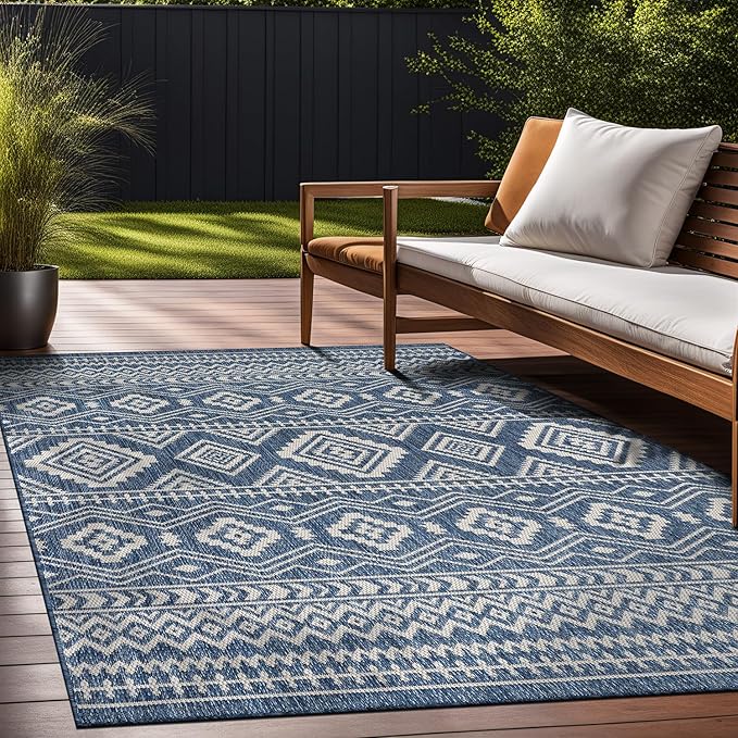 Beverly Rug Waikiki Boho Indoor Outdoor Rug 5x7, Washable Outside Carpet for Patio, Deck, Porch, Bohemian Area Rug, Farmhouse Rugs, Aztec Tribal Rug, Azure and White